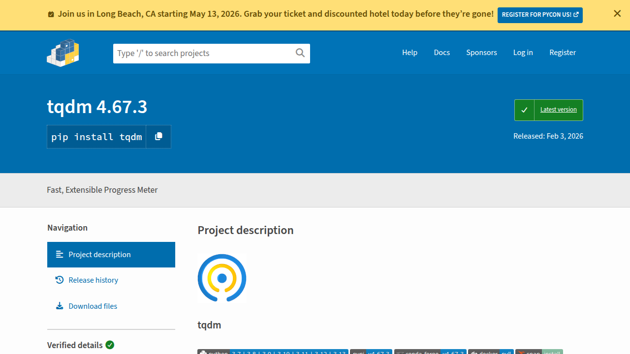 The Python Package Index (PyPI) entry for tqdm, showing installation instructions, versions, and project metadata.