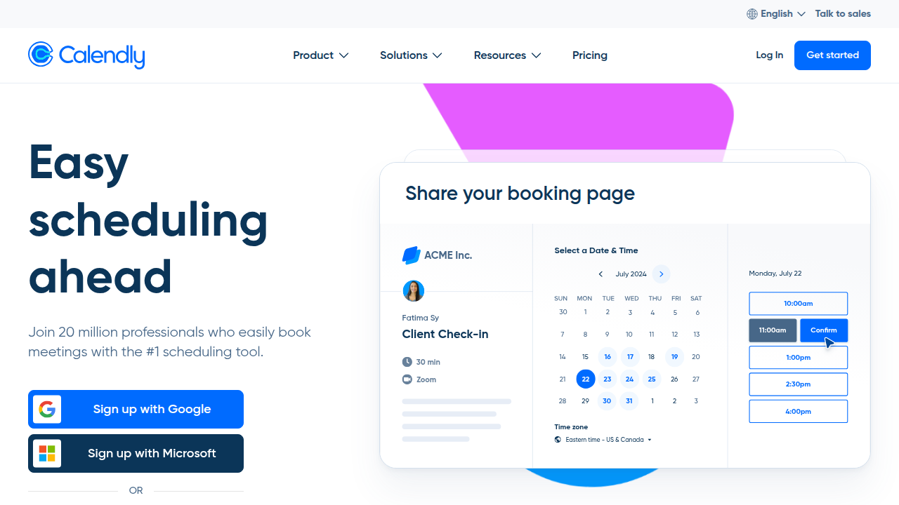 The Calendly homepage, a prime example of a user-friendly scheduling tool that simplifies the appointment booking experience through intuitive UX design.
