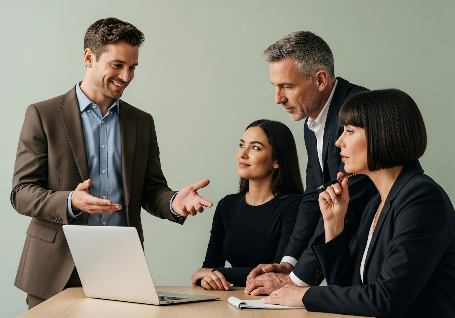 A group of professionals engaged in a discussion, representing the career growth and advancement opportunities available for appointment setters.