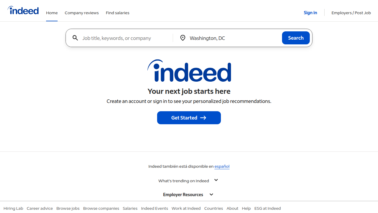 A screenshot of the Indeed.com homepage, a popular platform for finding remote appointment setter jobs.