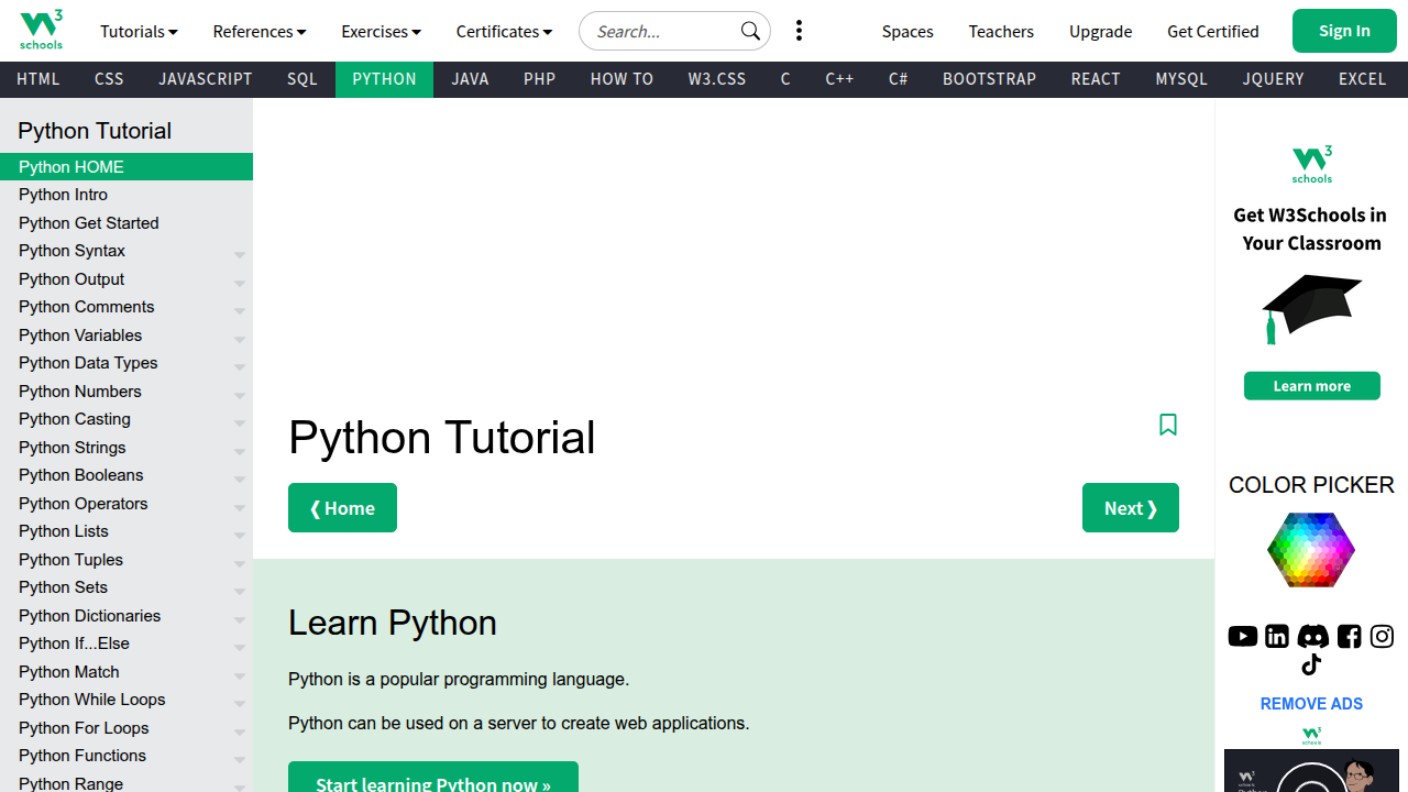 Screenshot of the W3Schools Python tutorial homepage, a popular resource for learning Python basics.