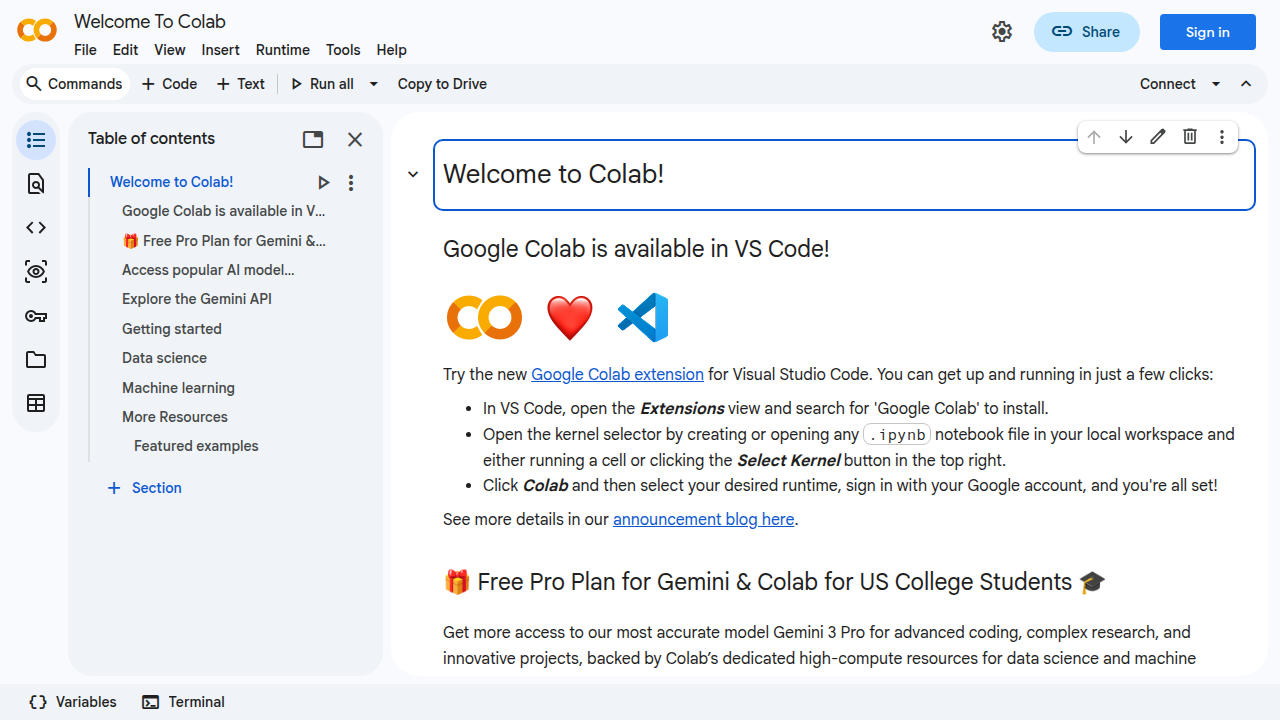 Screenshot of the Google Colab homepage, a free, cloud-based Jupyter Notebook environment ideal for beginners in data science.