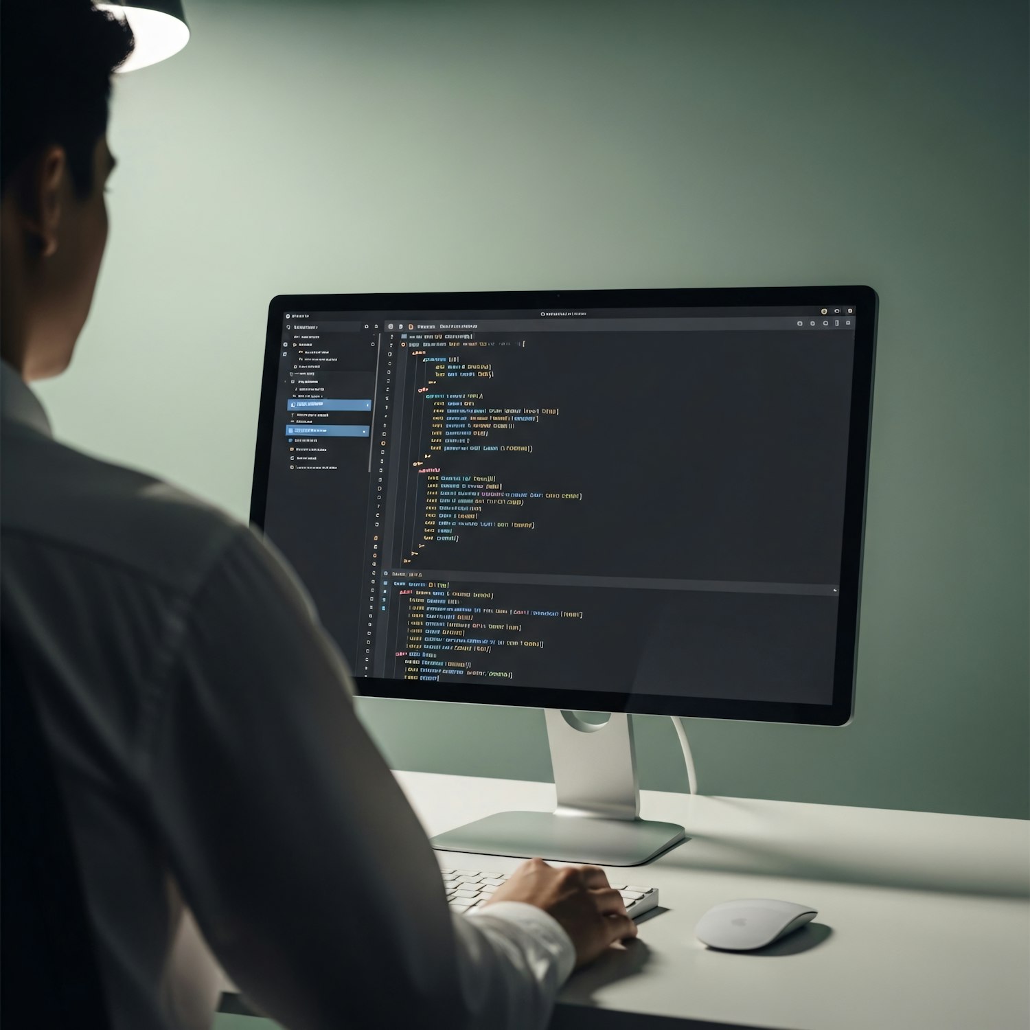 A person focused on a laptop screen, symbolizing the process of learning web development tools for career advancement.