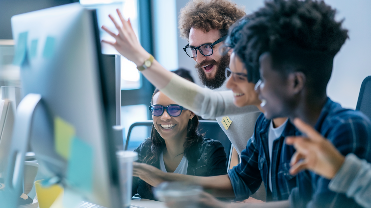 A diverse group of professionals collaborating on a project through video conferencing, highlighting the remote nature of modern work.