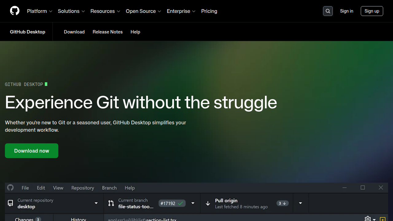 A screenshot of the GitHub Desktop application, illustrating a user-friendly interface for managing Git repositories.