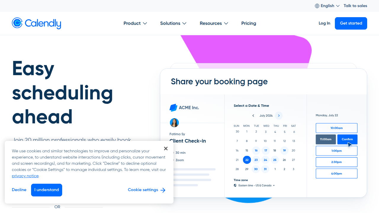 A screenshot of a Calendly scheduling page, demonstrating how users can easily book meetings online.