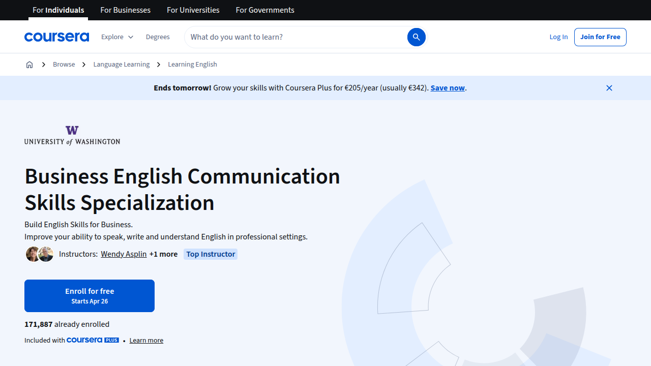 The Coursera page for the Business English Communication Skills Specialization by the University of Washington.