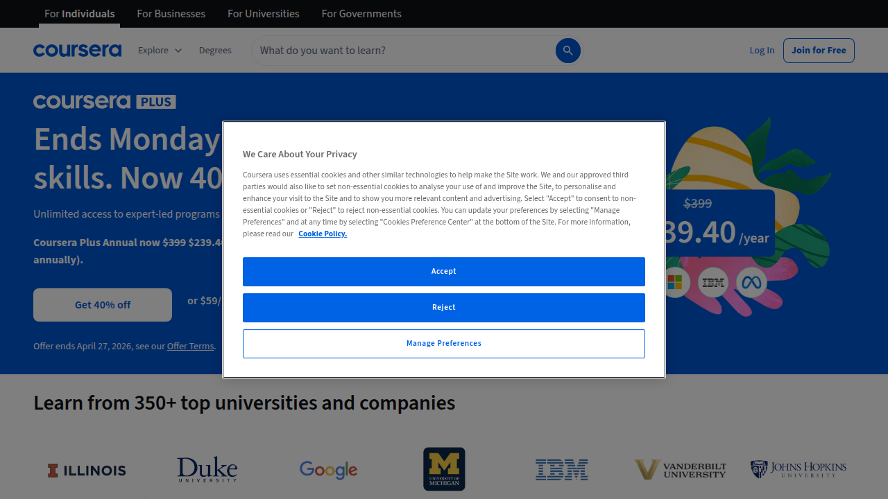 Details on Coursera Plus, highlighting the benefits of unlimited access to a wide range of courses and certificates for a single fee.
