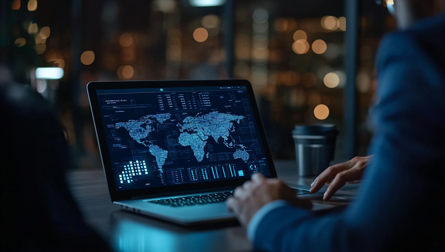 A person working diligently on a laptop in a comfortable home office setting, with subtle global elements, symbolizing international job opportunities.