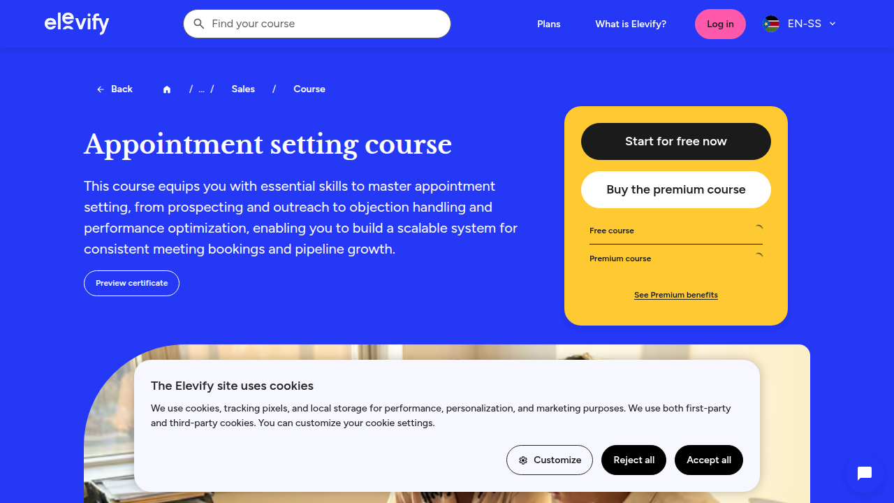 A screenshot of the Elevify website displaying their Appointment Setting Course, designed to provide practical tools for identifying and qualifying prospects.