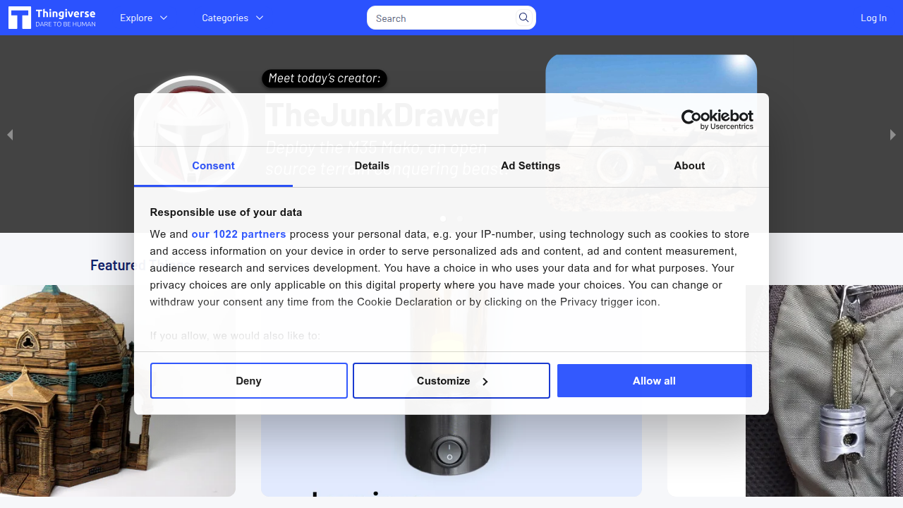A screenshot of the Thingiverse website, a popular platform for 3D models, serving as an example of a legitimate but potentially distracting site mentioned in the article.