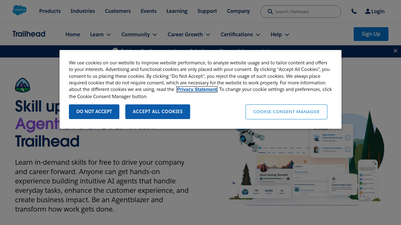 A screenshot of Salesforce Trailhead, a free platform offering modules for CRM basics and career development.