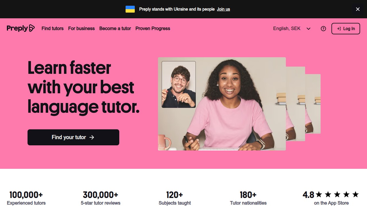 A screenshot of the Preply homepage, an online platform offering language learning that can be utilized by sales professionals.