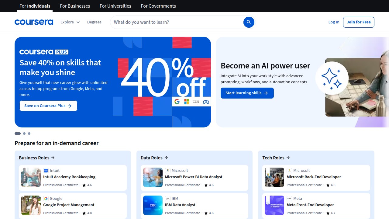 A screenshot of the Coursera homepage, an online learning platform offering courses and certifications that can benefit sales professionals.