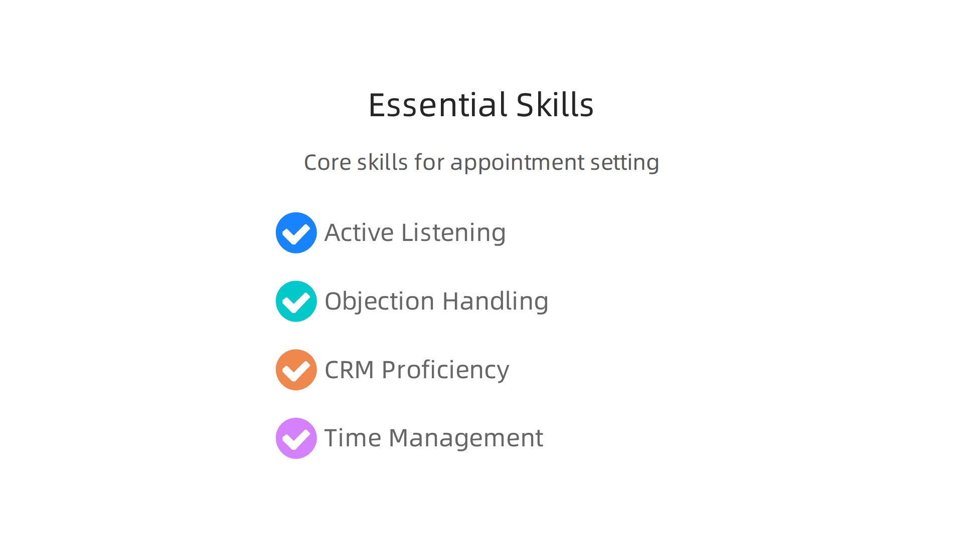 An infographic listing core skills crucial for appointment setters, including active listening, objection handling, CRM proficiency, and time management, which are vital for booking more meetings.