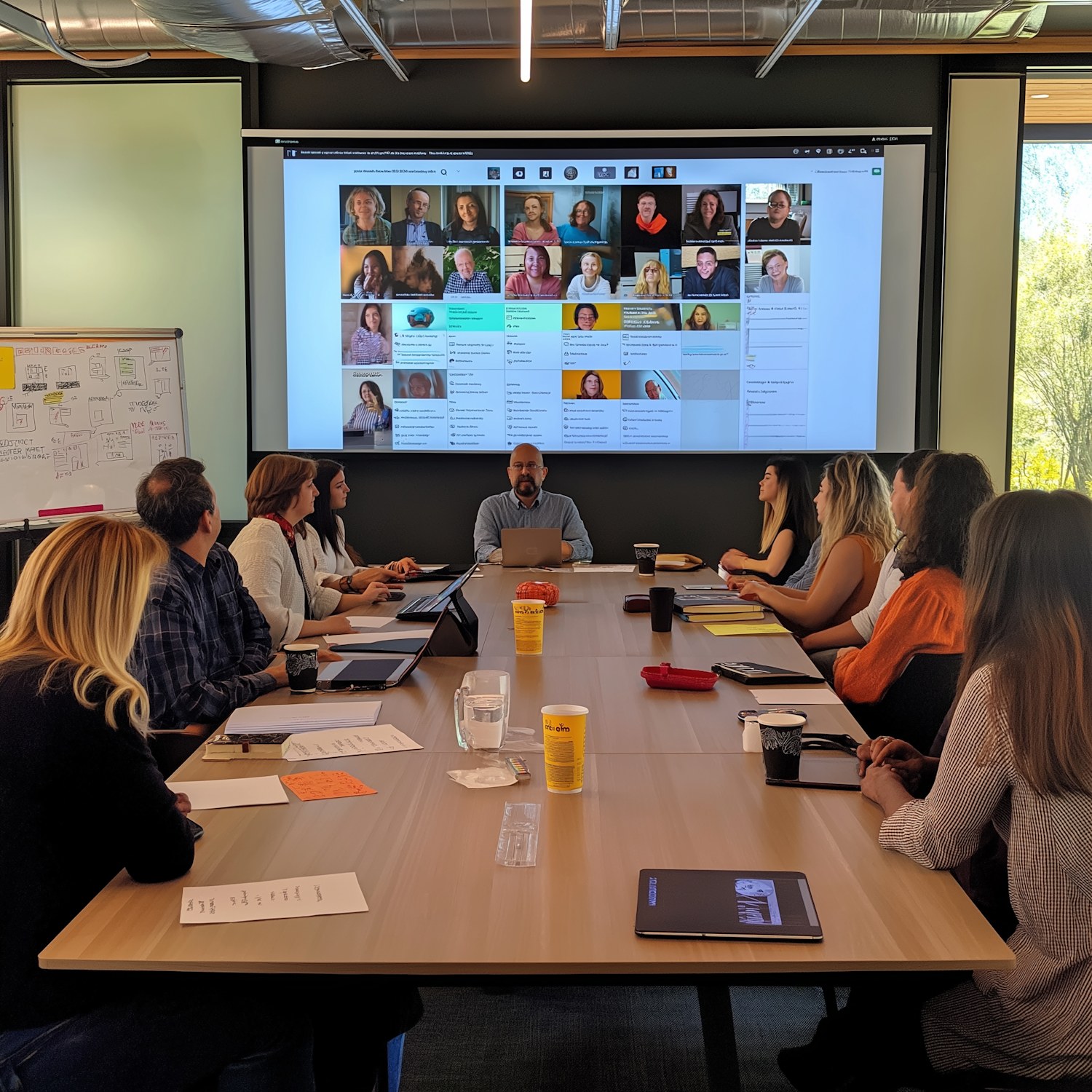 Professionals interacting in a virtual meeting setting, representing the networking opportunities and collaborative learning environment offered by online business education programs.