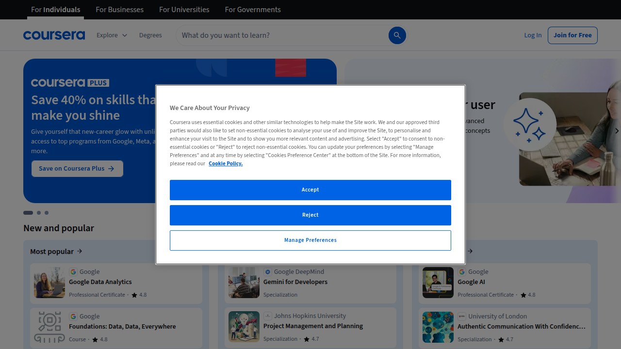 A view of the Coursera online learning platform, showcasing its user interface and range of university specializations and professional certificates for various skills.