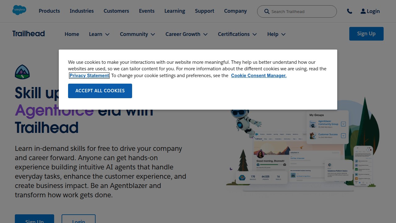 The homepage of Salesforce Trailhead, the official learning platform for Salesforce skills and certifications.