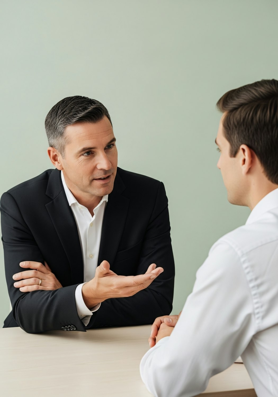 Two professionals engaged in a focused conversation, demonstrating active listening and clear communication vital for successful appointment setting.