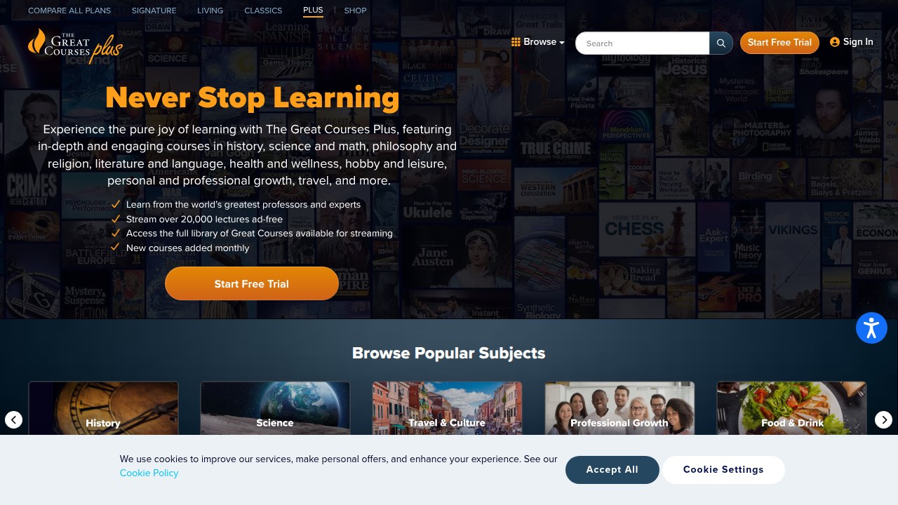 Screenshot of the Wondrium homepage, a platform offering structured courses in communication, psychology, and business, which acquired The Great Courses Plus.
