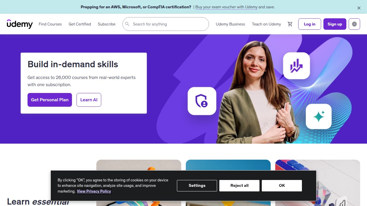 Screenshot of the Udemy homepage, a popular online learning platform offering a wide range of focused courses for skill development, including sales tools.