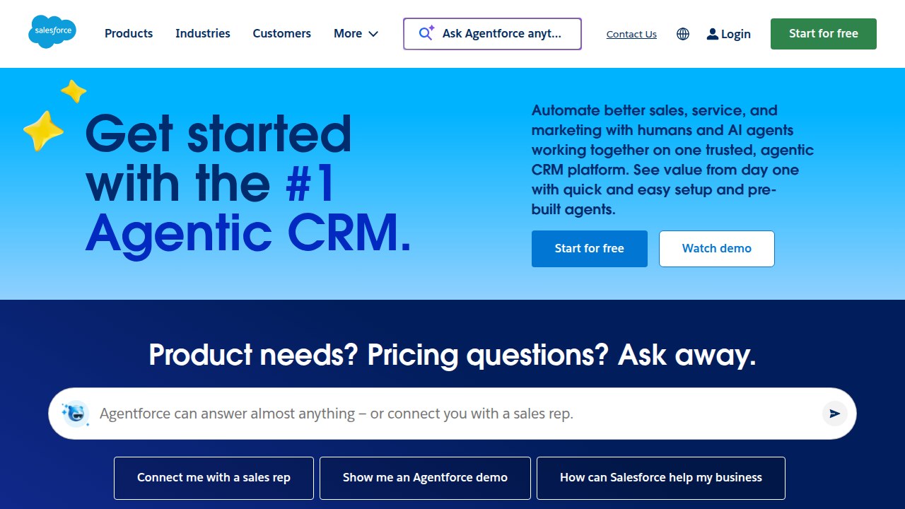 Screenshot of the Salesforce homepage, showcasing the leading CRM platform essential for lead tracking, management, and sales process organization.