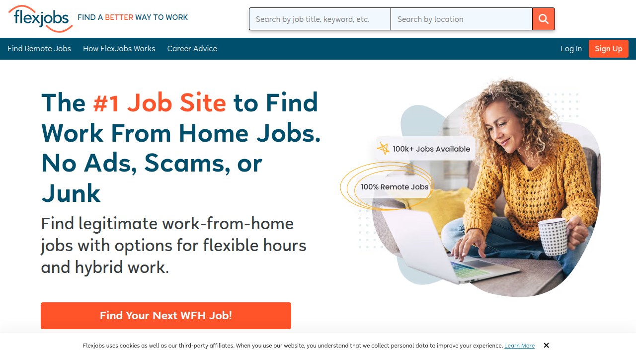 Screenshot of the FlexJobs homepage, a reputable source for remote job listings and insights into remote work trends, relevant to the growing demand for remote sales roles.