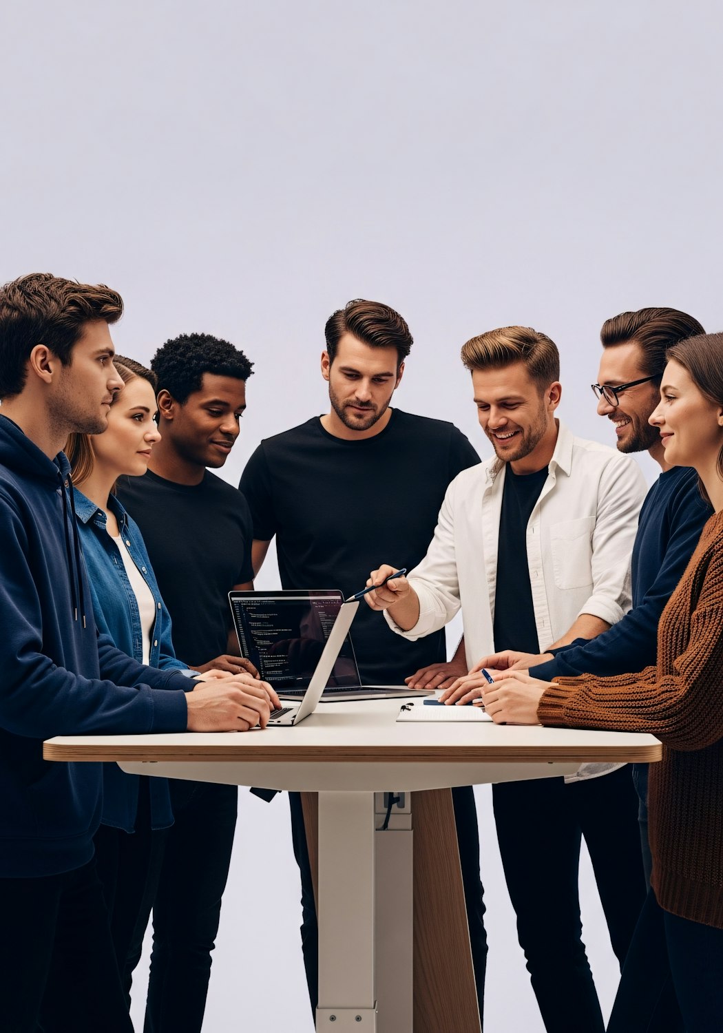 A diverse group of professionals collaborating and discussing technical configurations around a laptop, emphasizing teamwork to avoid common SPF errors.
