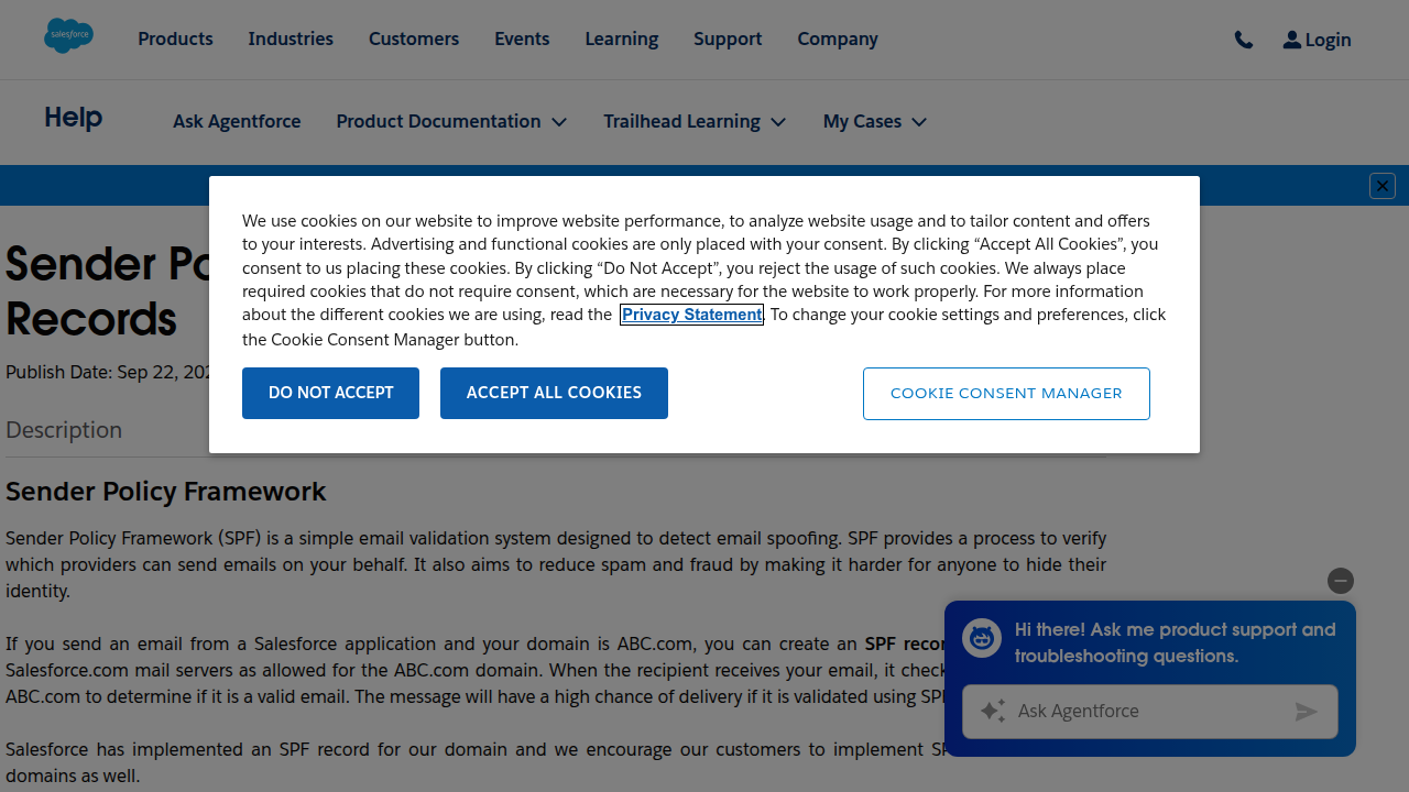 A screenshot of the official Salesforce Help article detailing SPF records and IP addresses for email sending.