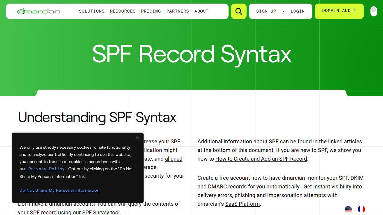 A screenshot of the Dmarcian SPF Syntax Table, providing a comprehensive reference for SPF mechanisms and qualifiers.