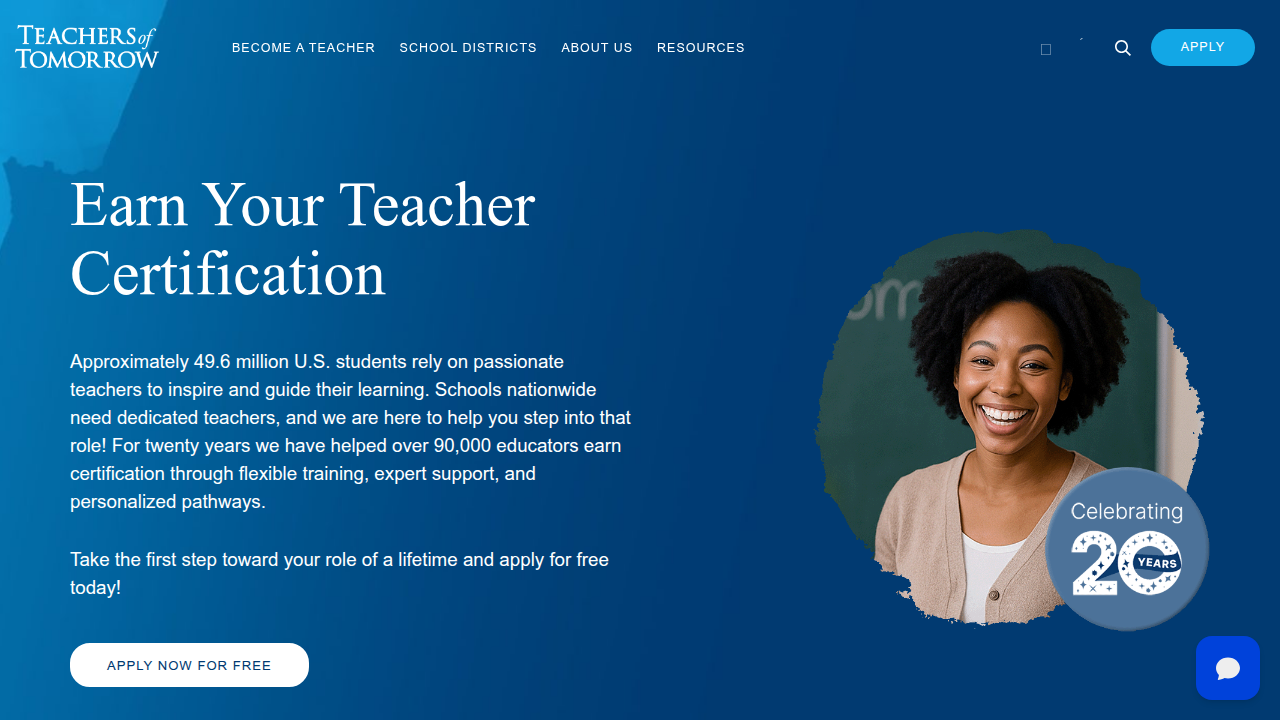 The homepage of Teachers of Tomorrow, showcasing its alternative certification programs for aspiring educators.