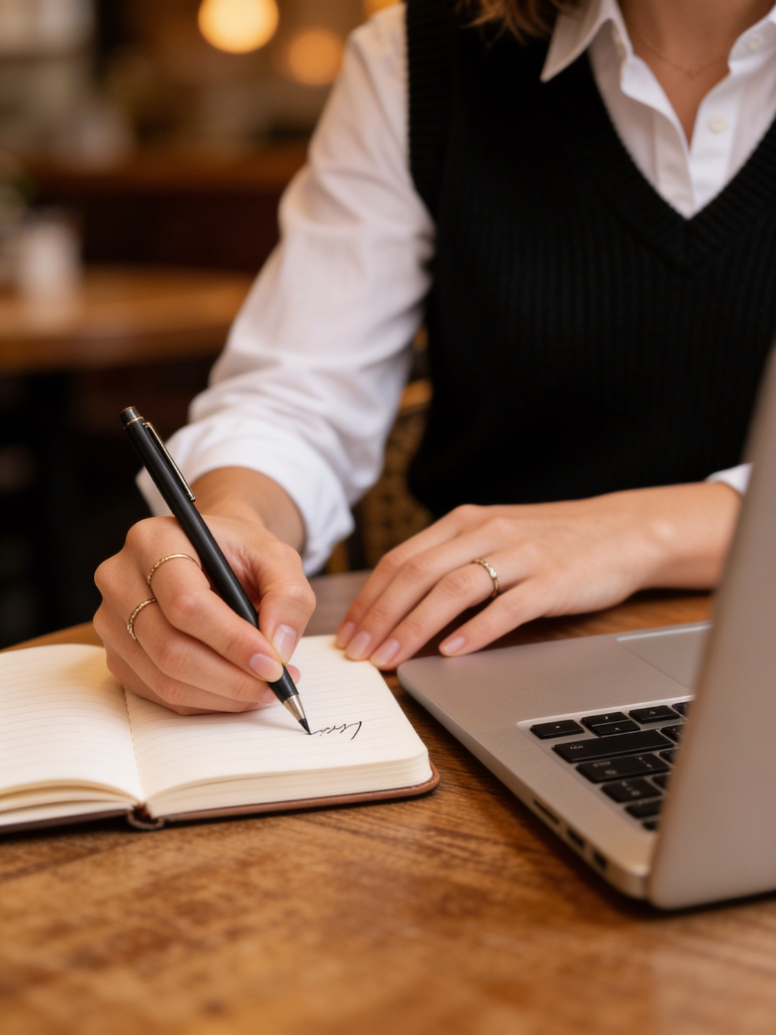 Someone writing and thinking through niche choices on paper or a notebook.
