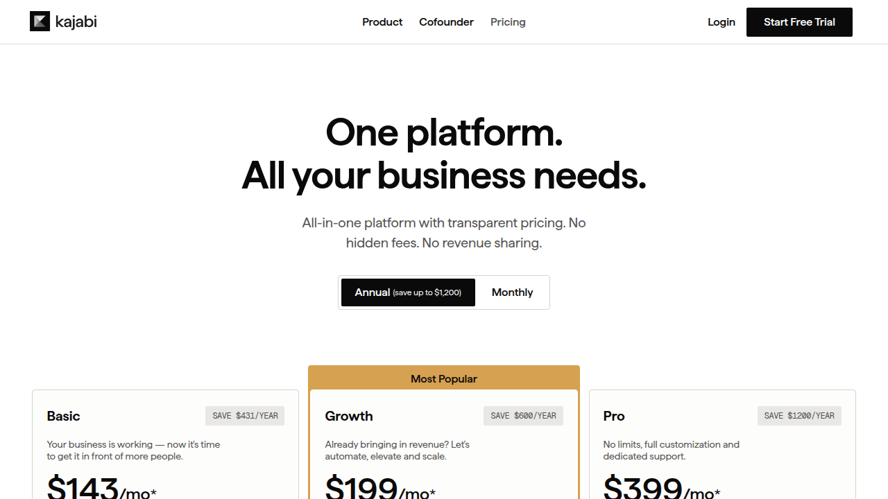 Screenshot of Kajabi's official pricing page showing plan tiers and monthly/yearly pricing to reference plan selection.