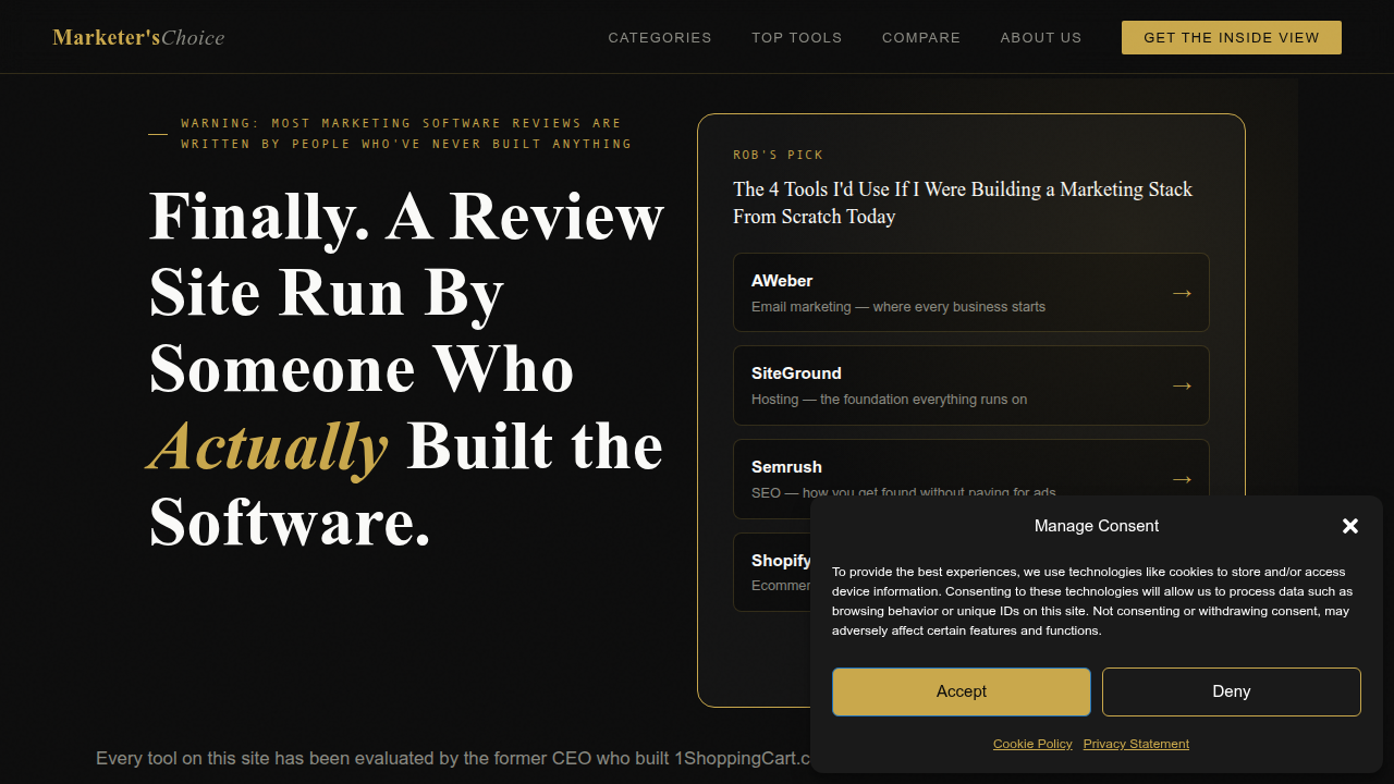 Screenshot of the MarketersChoice homepage as the referenced source for the Kajabi review mentioned in the article.