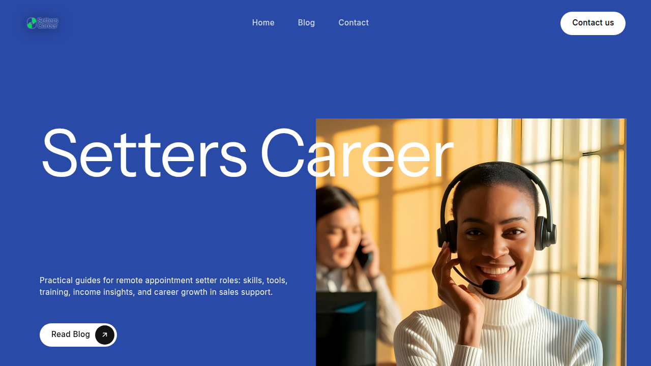 Screenshot of the SettersCareer homepage, referenced for guides and further reading about appointment setter skills and courses.