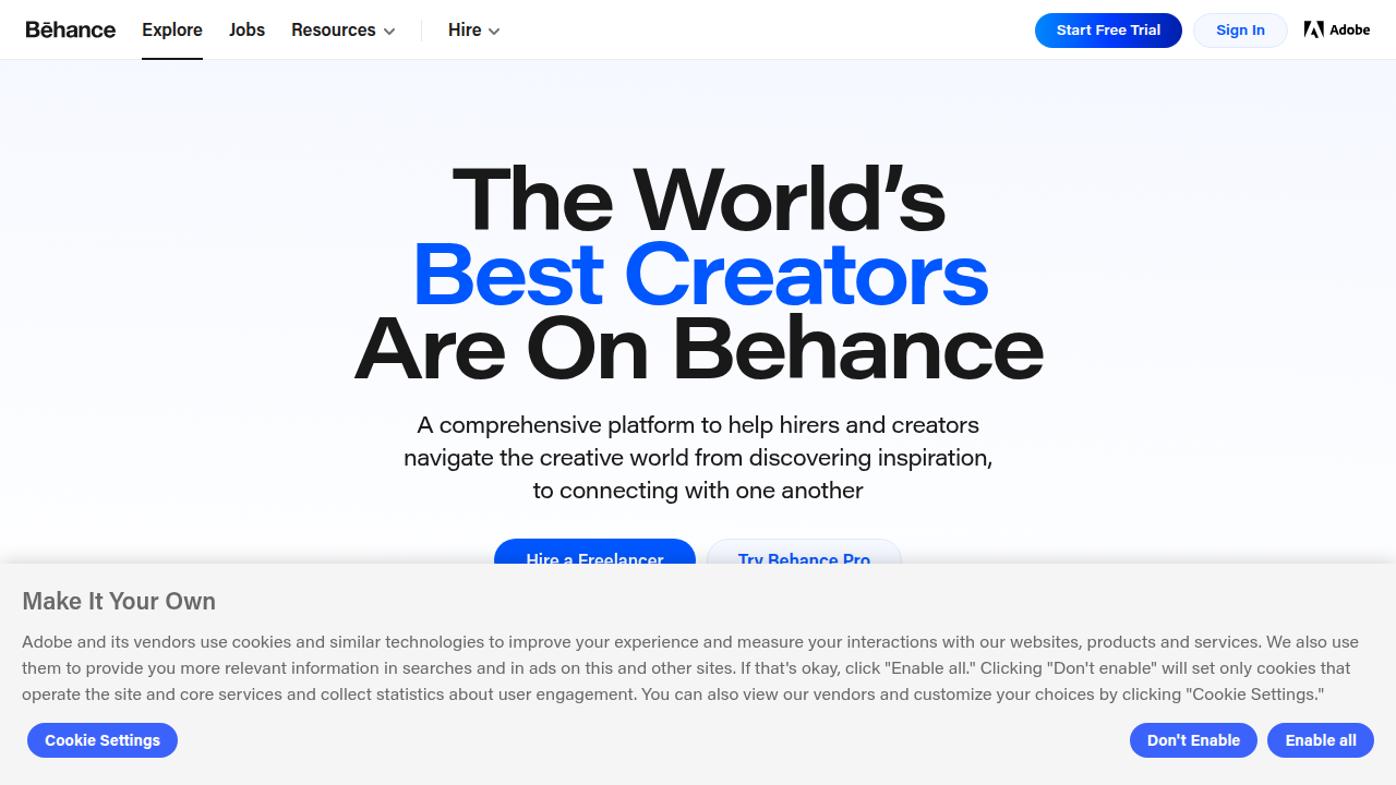 A screenshot of the Behance homepage, a leading platform for creative professionals to display their graphic design portfolios.